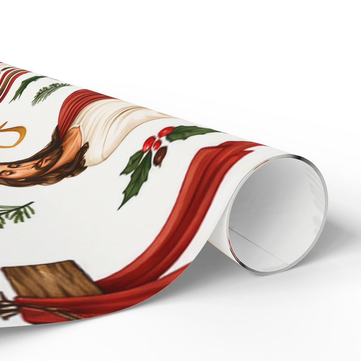 Christian Nativity Wrapping Paper Roll — Jesus, Manger & Holly Christmas Gift Wrap
