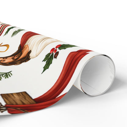 Christian Nativity Wrapping Paper Roll — Jesus, Manger & Holly Christmas Gift Wrap