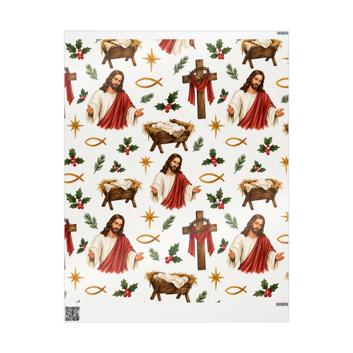 Christian Nativity Wrapping Paper Roll — Jesus, Manger & Holly Christmas Gift Wrap