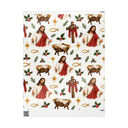 Christian Nativity Wrapping Paper Roll — Jesus, Manger & Holly Christmas Gift Wrap