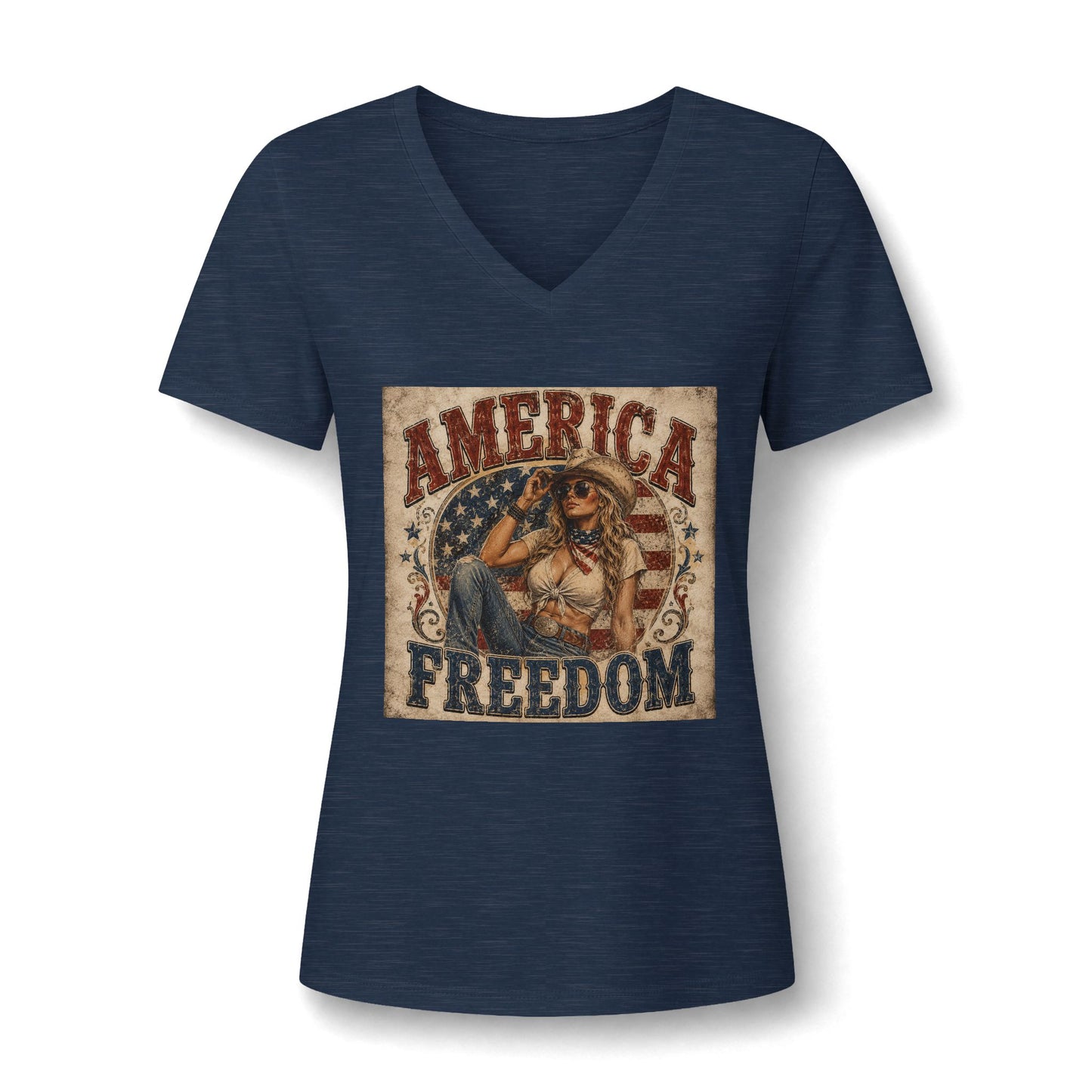 America Freedom V-Neck Tee — Patriotic Retro Graphic for Women