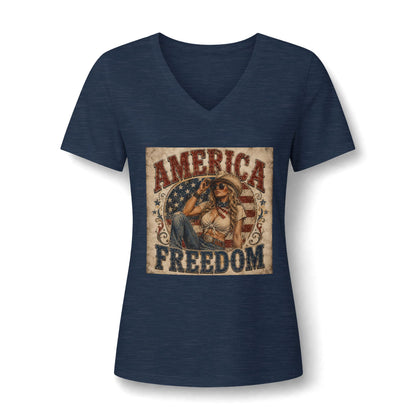 America Freedom V-Neck Tee — Patriotic Retro Graphic for Women