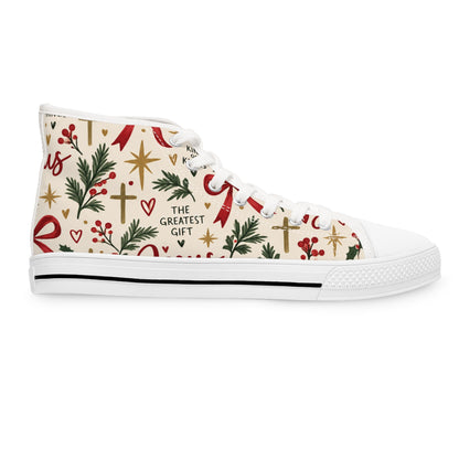 Christmas Pattern Women's High Top Sneakers — Holiday Candy Cane & Evergreen Design