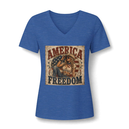 America Freedom V-Neck Tee — Patriotic Retro Graphic for Women
