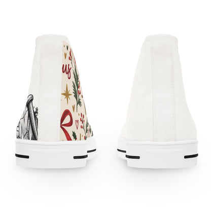 Christmas Pattern Women's High Top Sneakers — Holiday Candy Cane & Evergreen Design