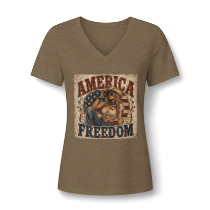 America Freedom V-Neck Tee — Patriotic Retro Graphic for Women