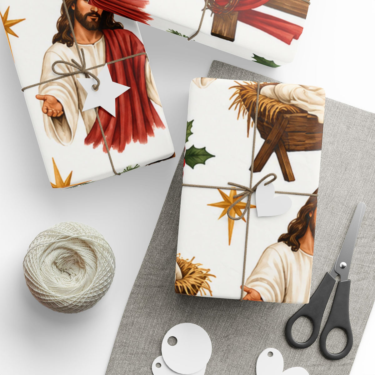 Christian Nativity Wrapping Paper Roll — Jesus, Manger & Holly Christmas Gift Wrap