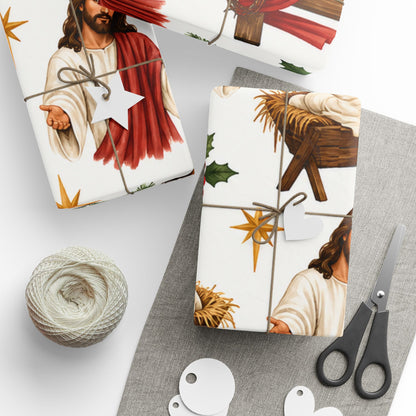 Christian Nativity Wrapping Paper Roll — Jesus, Manger & Holly Christmas Gift Wrap