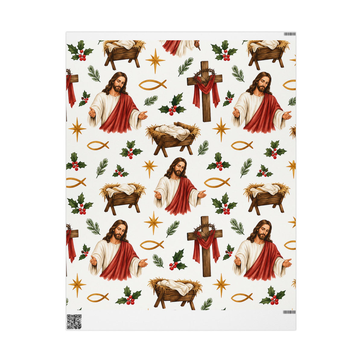 Christian Nativity Wrapping Paper Roll — Jesus, Manger & Holly Christmas Gift Wrap