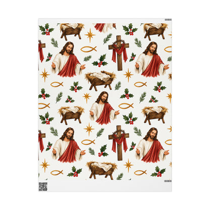 Christian Nativity Wrapping Paper Roll — Jesus, Manger & Holly Christmas Gift Wrap