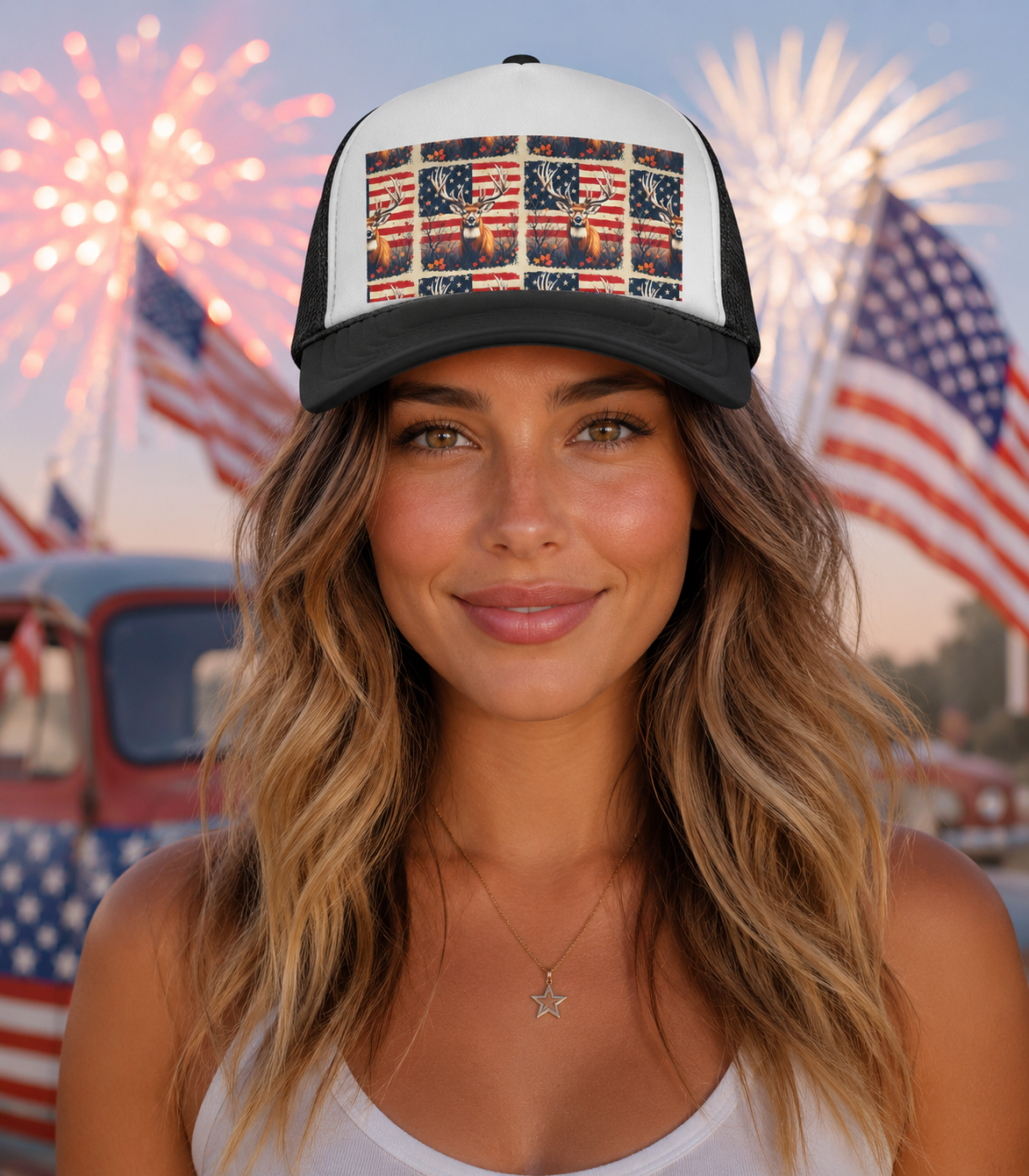 4TH OF JULY deer American flag Trucker Caps