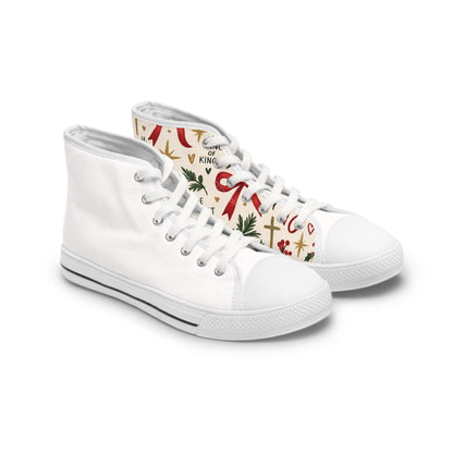 Christmas Pattern Women's High Top Sneakers — Holiday Candy Cane & Evergreen Design