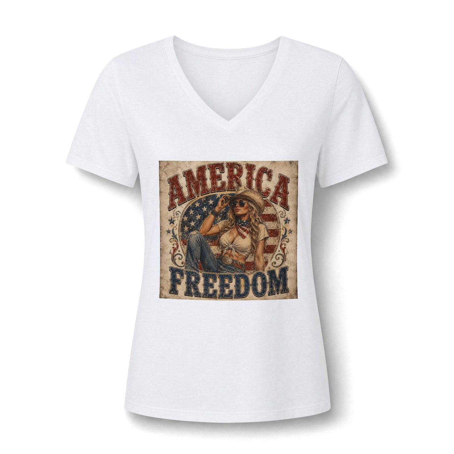 America Freedom V-Neck Tee — Patriotic Retro Graphic for Women