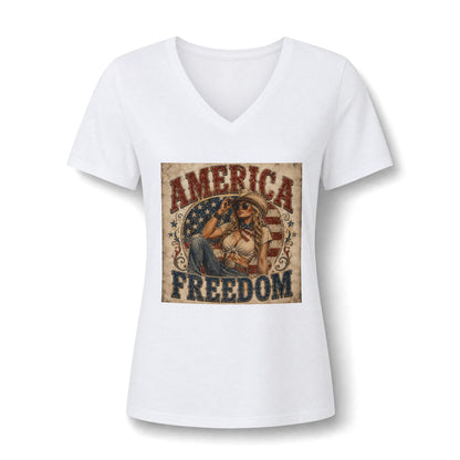 America Freedom V-Neck Tee — Patriotic Retro Graphic for Women