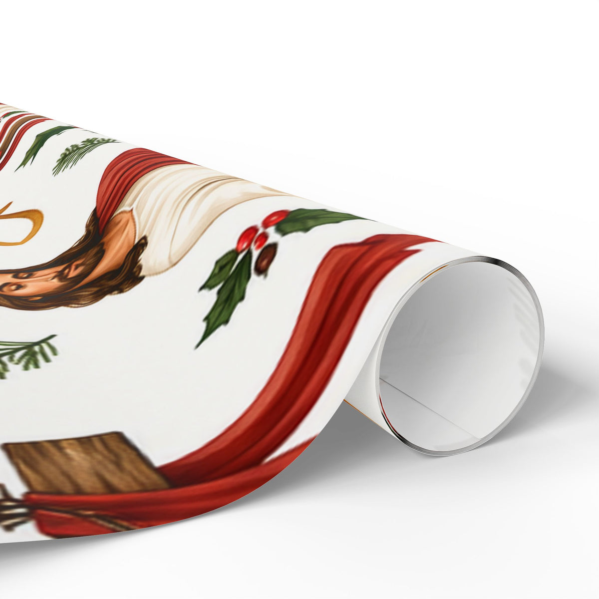 Christian Nativity Wrapping Paper Roll — Jesus, Manger & Holly Christmas Gift Wrap