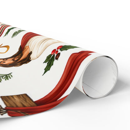 Christian Nativity Wrapping Paper Roll — Jesus, Manger & Holly Christmas Gift Wrap