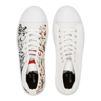 Christmas Pattern Women's High Top Sneakers — Holiday Candy Cane & Evergreen Design