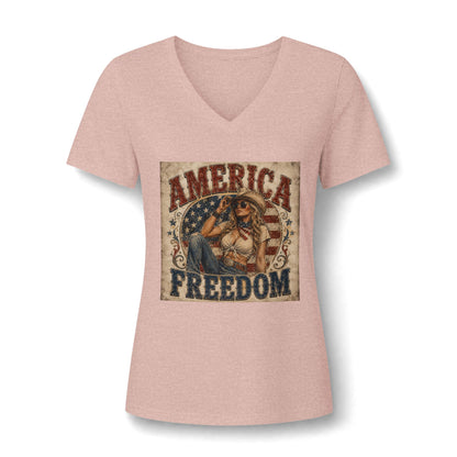 America Freedom V-Neck Tee — Patriotic Retro Graphic for Women