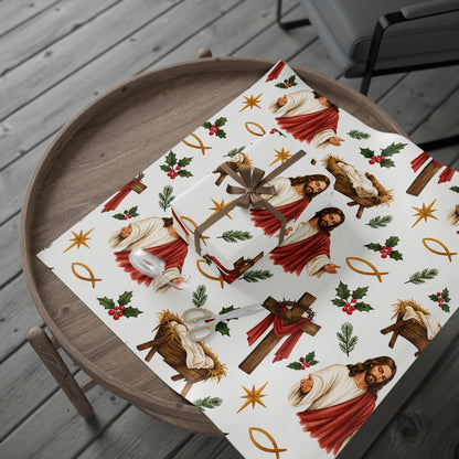 Christian Nativity Wrapping Paper Roll — Jesus, Manger & Holly Christmas Gift Wrap